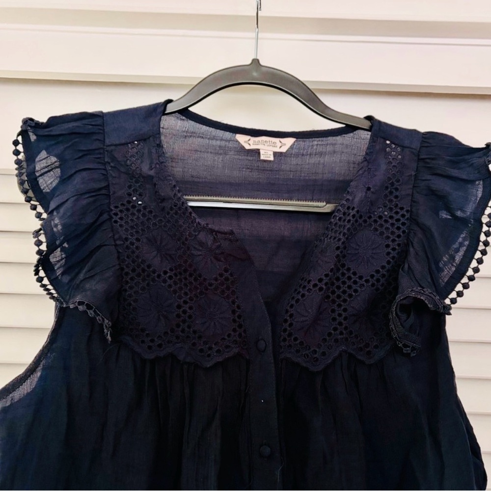 Nanette Lenore Navy Eyelet Flutter Sleeve Blouse